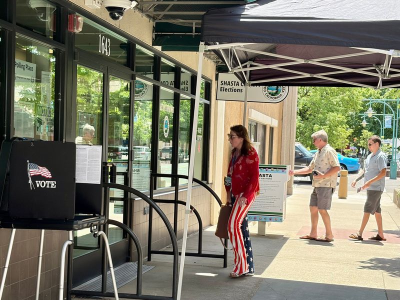 A woman walks into the Shasta County Elections Office in downtown Redding on Tuesday, June 2, 2026, as California voters decided on the governor's race and numerous other key races at the local to national level.