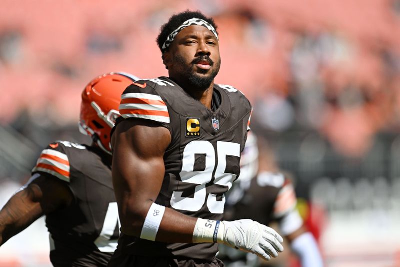 Sep 7, 2025; Cleveland, Ohio, USA; Cleveland Browns defensive end Myles Garrett (95) warms up before the game against the Cincinnati Bengals at Huntington Bank Field. Mandatory Credit: Ken Blaze-Imagn Images
