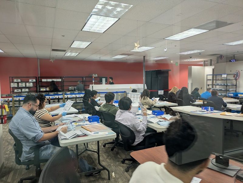 Election workers processing ballots at the Monterey County elections office on June 2, 2026, in Salinas, Calif.