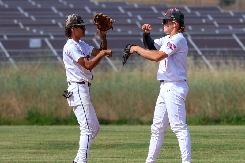 West Valley infielders Degan Palos (left) and Gunner Church (right) shake hands before an inning. Palos and Church combined for 7 RBIs in the Eagles 12-1 win over Amador in the first round of the NorCal regional playoffs. June 2, 2026.