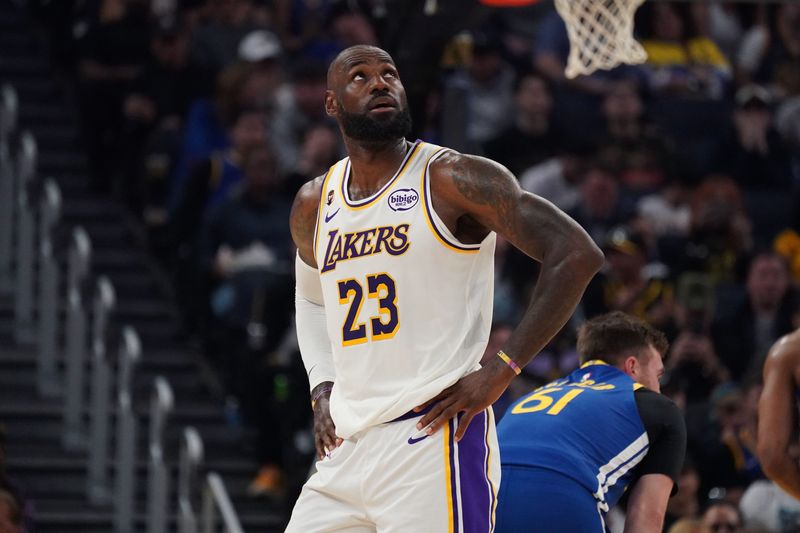 Feb 28, 2026; San Francisco, California, USA; Los Angeles Lakers forward LeBron James (23) waits for play to resume against the Golden State Warriors in the second quarter at Chase Center. Mandatory Credit: David Gonzales-Imagn Images