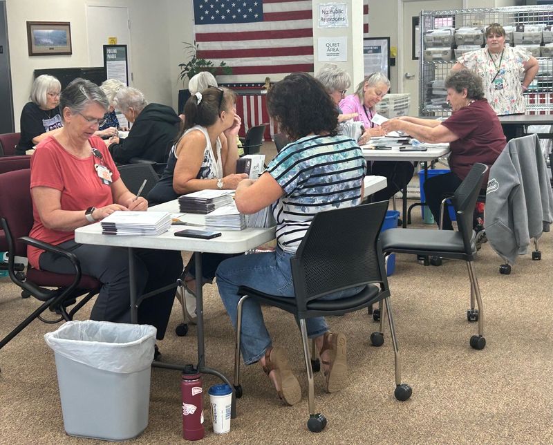 Workers sort through vote-by-mail ballots on Wednesday morning, June 3, inside the Shasta County Elections Department in downtown Redding.
