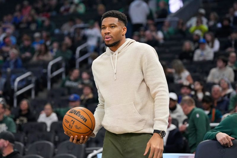 Apr 10, 2026; Milwaukee, Wisconsin, USA; Milwaukee Bucks forward Giannis Antetokounmpo (34) looks on prior to the game against the Brooklyn Nets at Fiserv Forum. Mandatory Credit: Jeff Hanisch-Imagn Images