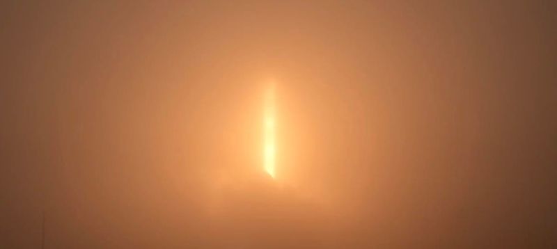 Thick fog blankets the morning sky as SpaceX launches a Falcon 9 rocket June 3 from the Vandenberg Space Force Base to deliver Starlink satellites to orbit.