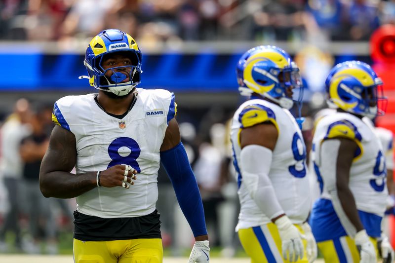 Sep 7, 2025; Inglewood, California, USA; Los Angeles Rams linebacker Jared Verse (8) wearing the NFL gold shield patch during the third quarter at SoFi Stadium. Mandatory Credit: Kiyoshi Mio-Imagn Images