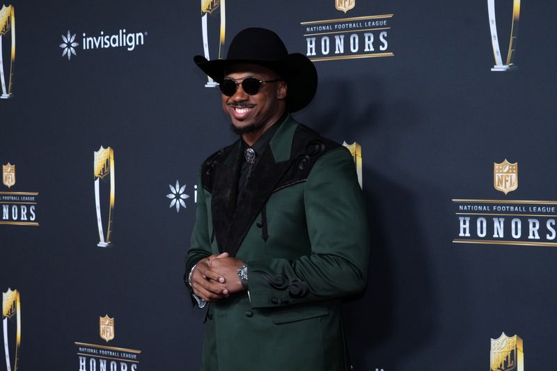Feb 5, 2026; San Francisco, CA, USA; Myles Garrett poses on the NFL Honors Red Carpet before Super Bowl LX at Palace of Fine Arts. Mandatory Credit: Kirby Lee-Imagn Images