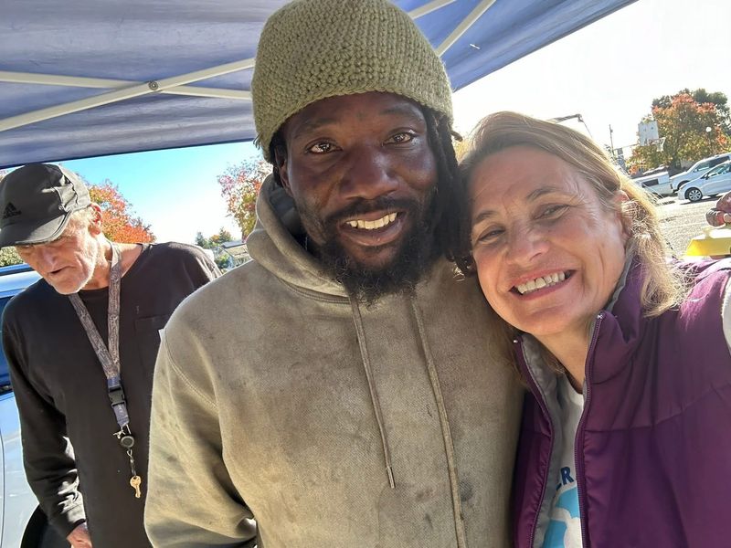 Christopher Butler, 46, was killed June 4, 2026, in a shooting in the 700 block of East Swain Road in Stockton. He is pictured with Mary Marsili, founder of Showered with Love Mobile Showers. Marsili said Butler was one of the nonprofit’s guests.