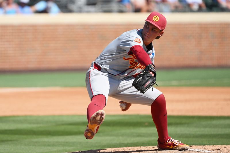 Jun 5, 2026; Chapel Hill, NC, USA; USC Trojans pitcher Mason Edwards (30) pitches the ball to the North Carolina Tar Heels during the third inning at Boshamer Stadium. Mandatory Credit: Zachary Taft-Imagn Images