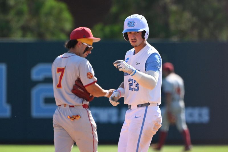 Jun 5, 2026; Chapel Hill, NC, USA; North Carolina Tar Heels catcher Colin Hynek (23) reacts after making it to second base against the USC Trojans in the fourth inning at Boshamer Stadium. Mandatory Credit: Zachary Taft-Imagn Images