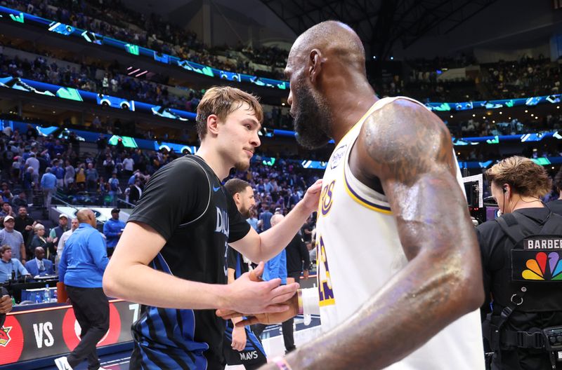 Apr 5, 2026; Dallas, Texas, USA; Dallas Mavericks forward Cooper Flagg (32) greets Los Angeles Lakers forward LeBron James (23) after the game at American Airlines Center. Mandatory Credit: Kevin Jairaj-Imagn Images