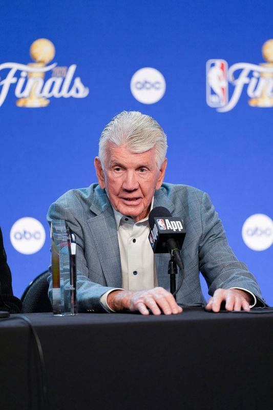 Jun 5, 2026; San Antonio, Texas, USA; Paul Westhead speaks to the media during the presentation of the Chuck Daly Lifetime Achievement Award before the game between the San Antonio Spurs and the New York Knicks in game two of the 2026 NBA Finals at Frost Bank Center. Mandatory Credit: Scott Wachter-Imagn Images