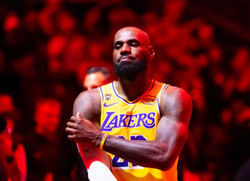 Feb 26, 2026; Phoenix, Arizona, USA; Los Angeles Lakers forward LeBron James (23) prior to the game against the Phoenix Suns at Mortgage Matchup Center. Mandatory Credit: Mark J. Rebilas-Imagn Images