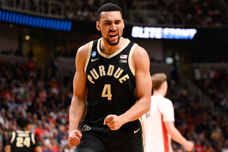 Mar 28, 2026; San Jose, CA, USA; Purdue Boilermakers forward Trey Kaufman-Renn (4) reacts in the first half against the Arizona Wildcats during an Elite Eight game of the West Regional of the men's 2026 NCAA Tournament at SAP Center. Mandatory Credit: Eakin Howard-Imagn Images