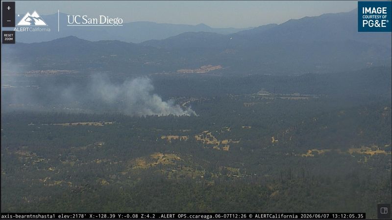 Smoke from the Shasta Fire is seen on an outdoor camera on Sunday, June 7, 2026.