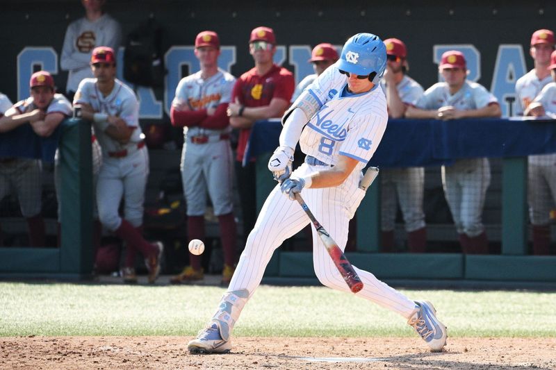 June 7, 2026; Chapel Hill, NC, USA; North Carolina Tar Heels outfielder Owen Hull (8) bats the game winning hit against the USC Trojans in the ninth inning at Boshamer Stadium. Mandatory Credit: Zachary Taft-Imagn Images
