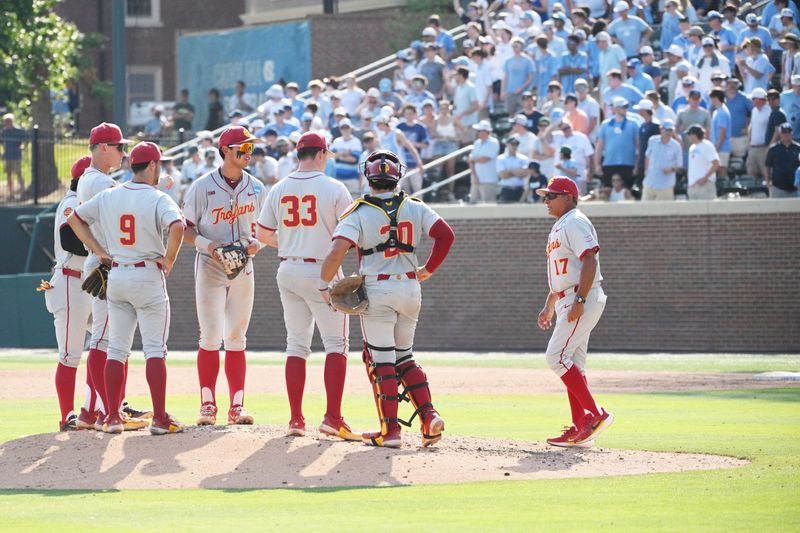 June 7, 2026; Chapel Hill, NC, USA; USC Trojans head coach Andy Stankiewicz approaches the mound to coach his team in the ninth inning against the North Carolina Tar Heels at Boshamer Stadium. Mandatory Credit: Zachary Taft-Imagn Images