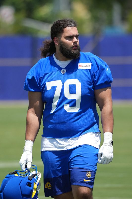 Jun 2, 2026; Woodland Hills, CA, USA; Los Angeles Rams tackle Keagen Trost (79) during organized team activities at Rams Practice Facility. Mandatory Credit: Kirby Lee-Imagn Images
