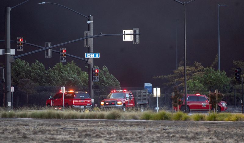 Smoke and fire completely engulfs the Medline Distribution Center warehouse on Promontory Parkway and Hansen Road in Tracy on Jun. 11, 2026.