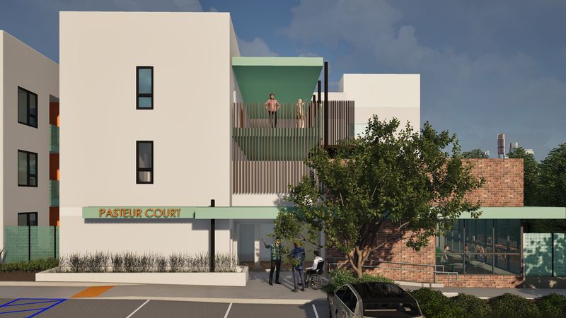 A rendering of the Pasteur Court housing project, at the corner of Pasteur Road and Valentine Road, in Ventura.