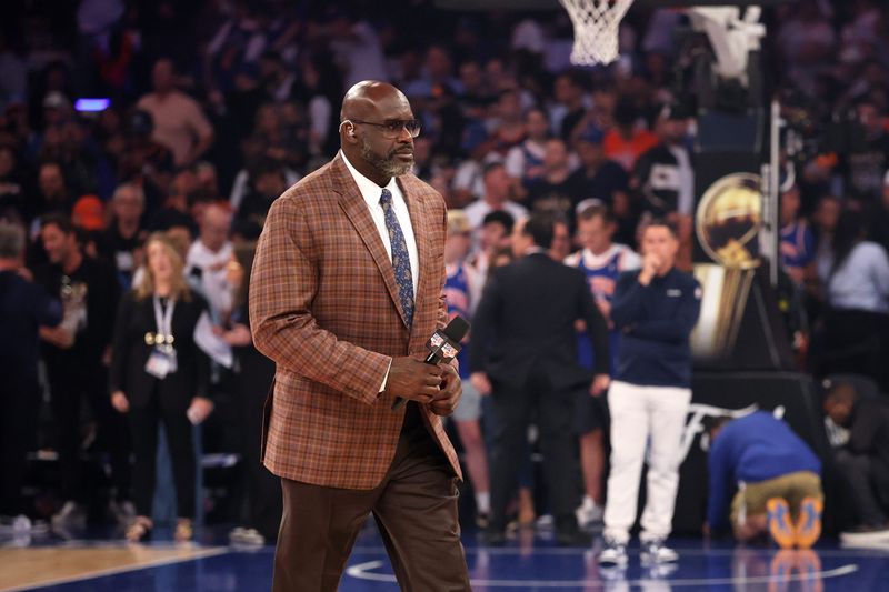 Jun 8, 2026; New York, New York, USA; Television analyst and hall of fame basketball player Shaquille O'Neal walks on the court before game three of the 2026 NBA Finals between the San Antonio Spurs and New York Knicks at Madison Square Garden. Mandatory Credit: Geoff Burke-Imagn Images