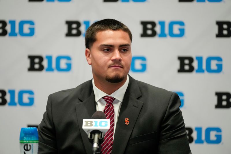 Jul 24, 2025; Las Vegas, NV, USA; USC offensive lineman Elijah Paige speaks to the media during the Big Ten NCAA college football media days at Mandalay Bay Resort. Mandatory Credit: Lucas Peltier-Imagn Images