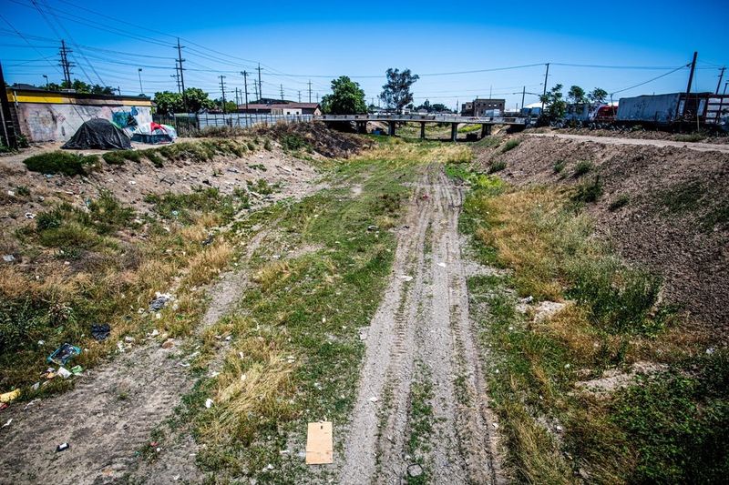 The Mormon Slough looking east from South Center Street in the center of Stockton.