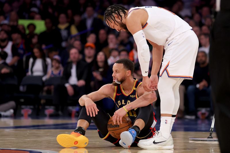 Mar 4, 2025; New York, New York, USA; New York Knicks guard Jalen Brunson (11) and Golden State Warriors guard Stephen Curry (30) react during the third quarter at Madison Square Garden. Mandatory Credit: Brad Penner-Imagn Images