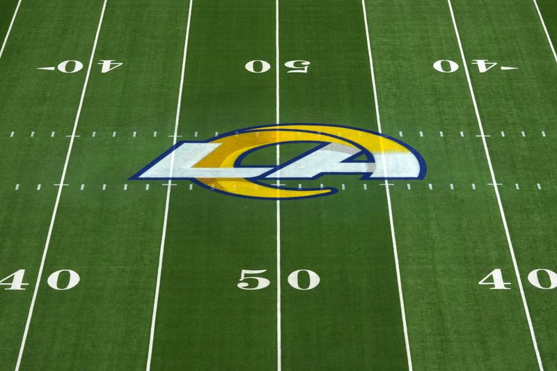 Aug 16, 2025; Inglewood, California, USA; The Los Angeles Rams logo at midfield at SoFi Stadium. Mandatory Credit: Kirby Lee-Imagn Images