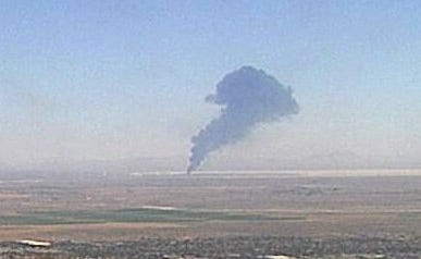 Smoke rises from Edwards Air Force Base after the crash of a U.S. Air Force B-52 bomber aircraft in Edwards, California, U.S., June 15, 2026, in a still image from an ALERTCalifornia fire surveillance camera.