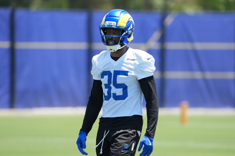 Jun 2, 2026; Woodland Hills, CA, USA; Los Angeles Rams cornerback Jaylen Watson (35) during organized team activities at Rams Practice Facility. Mandatory Credit: Kirby Lee-Imagn Images