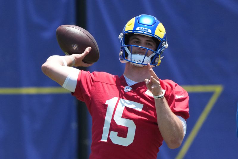 Jun 2, 2026; Woodland Hills, CA, USA; Los Angeles Rams quarterback Ty Simpson (15) throws the ball during organized team activities at Rams Practice Facility. Mandatory Credit: Kirby Lee-Imagn Images