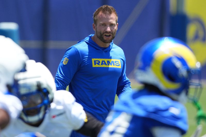 Jun 2, 2026; Woodland Hills, CA, USA; Los Angeles Rams coach Sean McVay during organized team activities at Rams Practice Facility. Mandatory Credit: Kirby Lee-Imagn Images