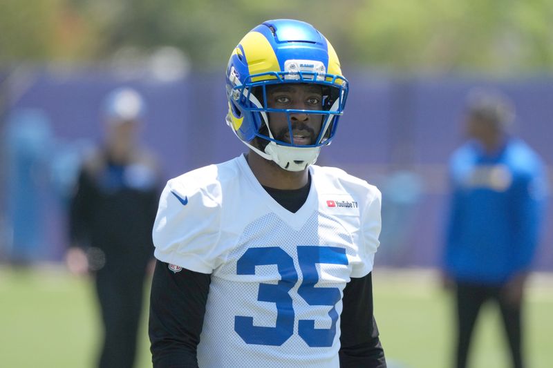 Jun 2, 2026; Woodland Hills, CA, USA; Los Angeles Rams cornerback Jaylen Watson (35) during organized team activities at Rams Practice Facility. Mandatory Credit: Kirby Lee-Imagn Images