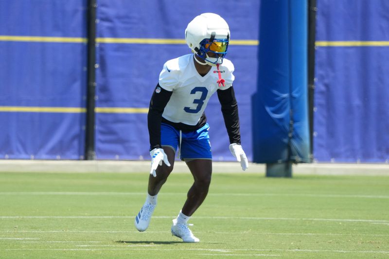 Jun 2, 2026; Woodland Hills, CA, USA; Los Angeles Rams safety Kam Curl (3) during organized team activities at Rams Practice Facility. Mandatory Credit: Kirby Lee-Imagn Images