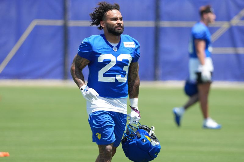 Jun 2, 2026; Woodland Hills, CA, USA; Los Angeles Rams running back Kyren Williams (23) during organized team activities at Rams Practice Facility. Mandatory Credit: Kirby Lee-Imagn Images