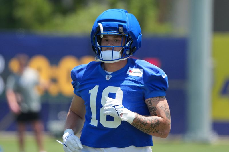 Jun 2, 2026; Woodland Hills, CA, USA; Los Angeles Rams tight end Terrance Ferguson (18) during organized team activities at Rams Practice Facility. Mandatory Credit: Kirby Lee-Imagn Images