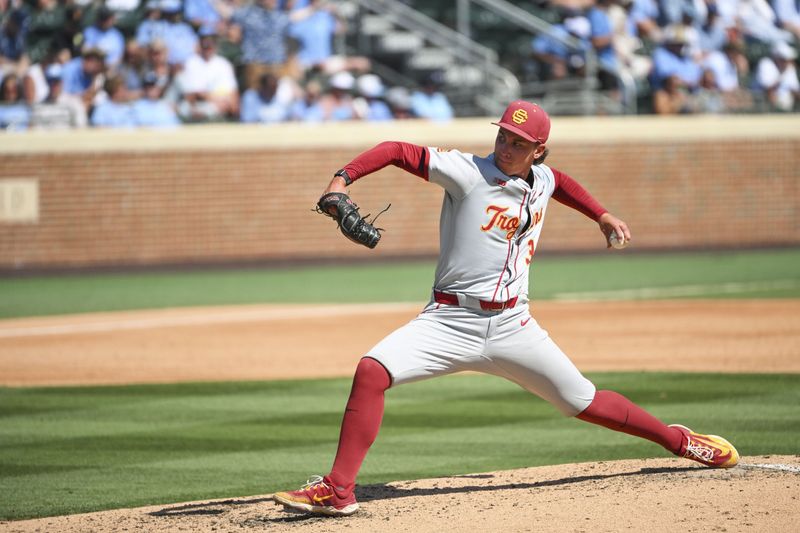Jun 5, 2026; Chapel Hill, NC, USA; USC Trojans pitcher Mason Edwards (30) pitches the ball to the North Carolina Tar Heels during the third inning at Boshamer Stadium. Mandatory Credit: Zachary Taft-Imagn Images