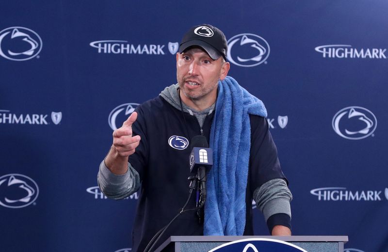 Apr 25, 2026; University Park, PA, USA; Penn State Nittany Lions head coach Matt Campbell answers questions from the media following the Penn State Blue-White Spring game at Beaver Stadium. Mandatory Credit: Matthew O'Haren-Imagn Images