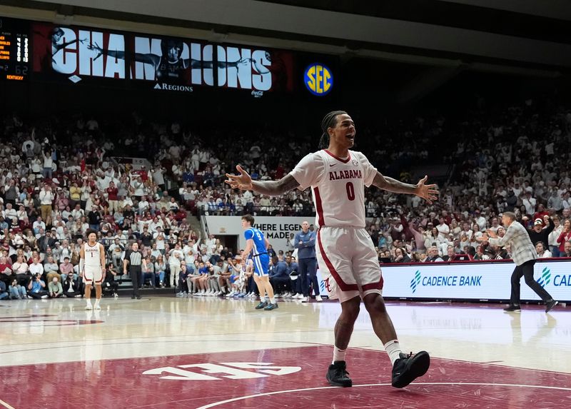 Feb 22, 2025; Tuscaloosa, AL, USA; Alabama guard Labaron Philon (0) celebrates after getting a breakaway dunk at Coleman Coliseum. Alabama defeated Kentucky 96-83. Mandatory Credit: Gary Cosby Jr.-Tuscaloosa News