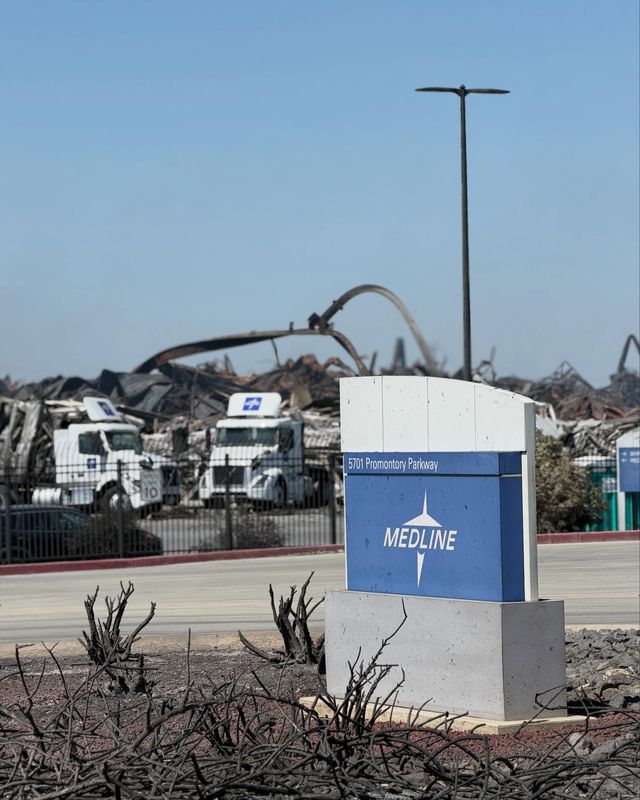 Fire and demolition crews are working together on June 16, 2026 to move debris and rubble inside the Medline Tracy facility to allow access to hot spots. A massive fire on June 11, 2026 destroyed the warehouse located at 5701 Promontory Parkway in Tracy, CA.