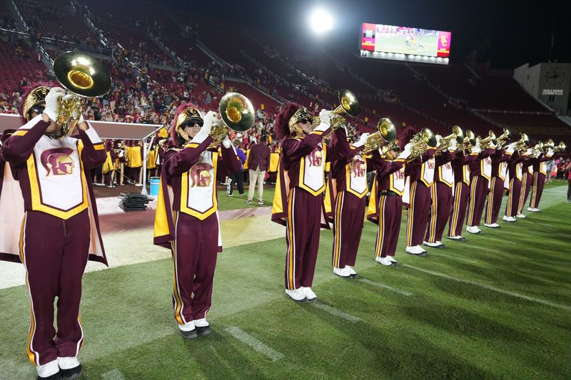 Oct 25, 2024; Los Angeles, California, USA; The Southern California Trojans spirit of troy marching band performs in the second half against the Rutgers Scarlet Knights at United Airlines Field at Los Angeles Memorial Coliseum. Mandatory Credit: Kirby Lee-Imagn Images