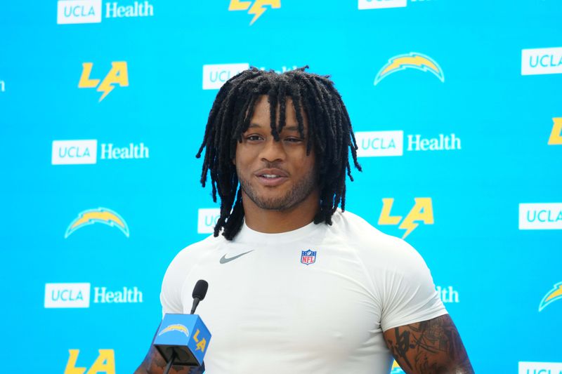 Jun 17, 2026; El Segundo, CA, USA; Los Angeles Chargers running back Omarion Hampton at press conference during minicamp at The Bolt. Mandatory Credit: Kirby Lee-Imagn Images
