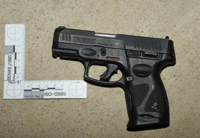 A Taurus 9mm handgun was recovered from the scene of a fatal deputy-involved shooting at Arlington and Henderson streets in Adelanto on Oct. 24, 2022.