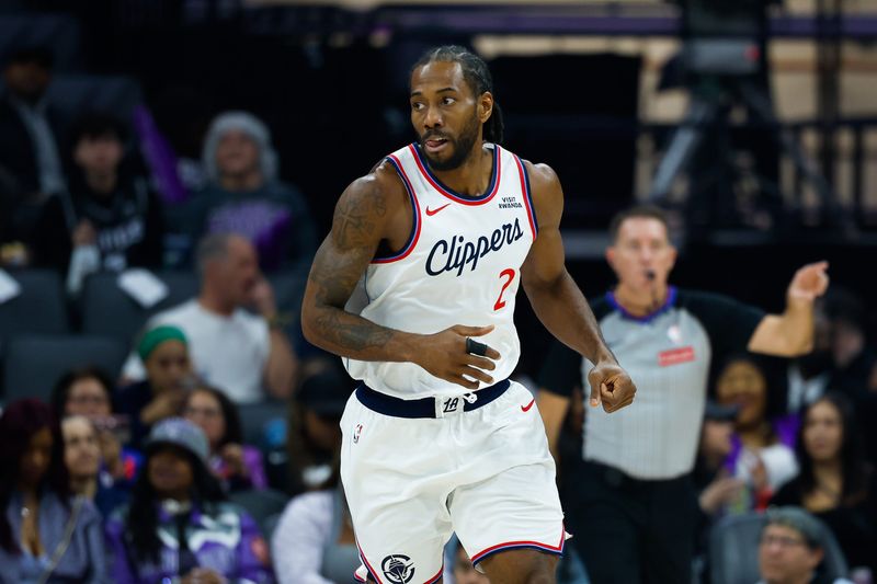 Feb 6, 2026; Sacramento, California, USA; Los Angeles Clippers forward Kawhi Leonard (2) reacts after scoring during the first quarter against the Sacramento Kings at Golden 1 Center. Mandatory Credit: Sergio Estrada-Imagn Images