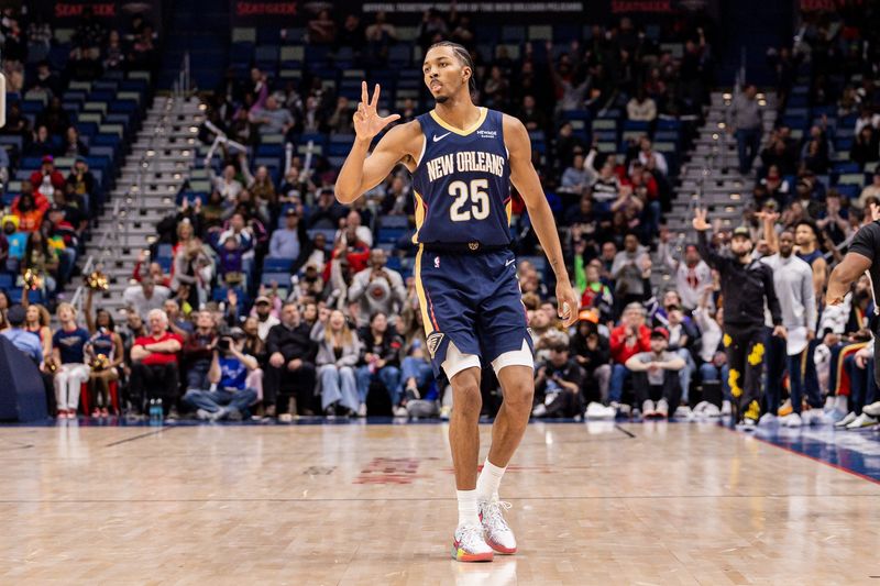 Jan 14, 2026; New Orleans, Louisiana, USA;  New Orleans Pelicans forward Trey Murphy III (25) reacts to making a three point basket against the Brooklyn Nets during the second half at Smoothie King Center. Mandatory Credit: Stephen Lew-Imagn Images