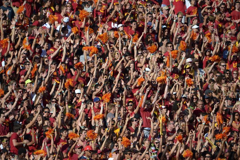Sep 1, 2012; Los Angeles, CA, USA; Southern California Trojans fans react during the game against the Hawaii Warriors at the Los Angeles Memorial Coliseum. USC defeated Hawaii 49-10. Mandatory Credit: Kirby Lee/Image of Sport-USA TODAY Sports