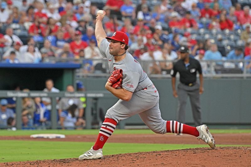 Jun 18, 2026; Kansas City, Missouri, USA;  St. Louis Cardinals pitcher Max Rajcic (71) throws a pitch in his MLB debut in the fourth inning against the Kansas City Royals at Kauffman Stadium. Mandatory Credit: Peter Aiken-Imagn Images