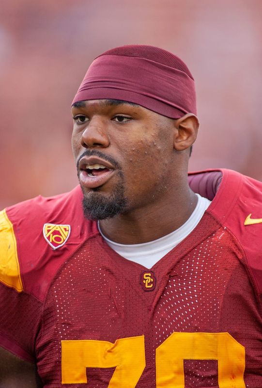 Oct 16, 2010; Los Angeles, CA, USA; FILE PHOTO; Southern California Trojans offensive lineman Tyron Smith (70) on the sidelines against the UCLA Bruins at Los Angeles Memorial Coliseum. Mandatory Credit: Peter Brouillet-USA TODAY NETWORK