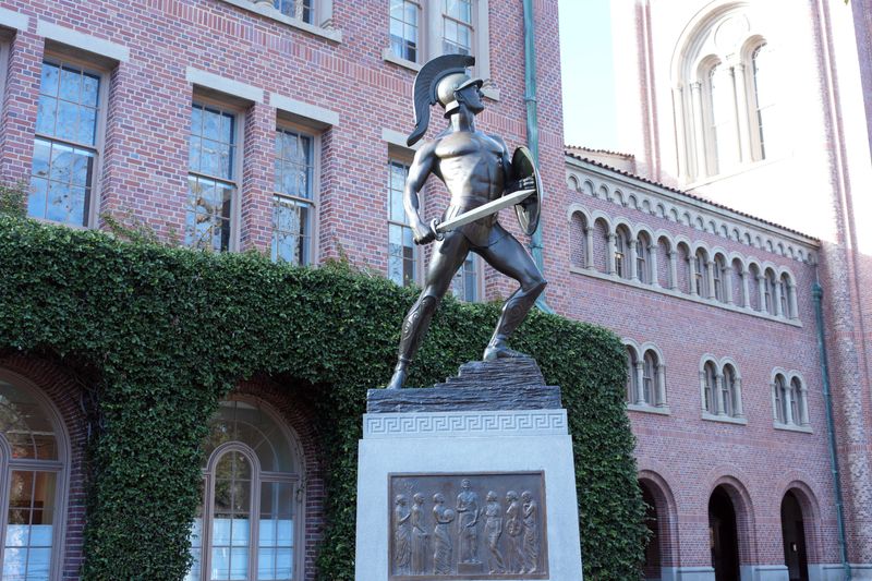 Feb 19, 2025; Los Angeles, California, USA; The Tommy Trojan statue on the campus of the University of Southern California. Mandatory Credit: Kirby Lee-Imagn Images