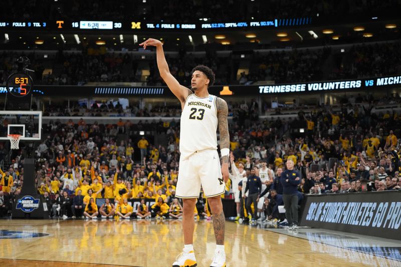 Mar 29, 2026; Chicago, IL, USA; Michigan Wolverines forward Yaxel Lendeborg (23) reacts after a shot in the first half against the Tennessee Volunteers during an Elite Eight game of the Midwest Regional of the men's 2026 NCAA Tournament at United Center. Mandatory Credit: David Banks-Imagn Images